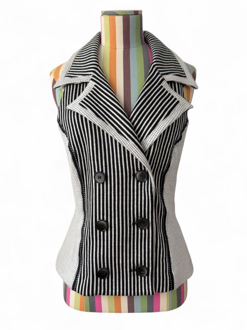Joseph Ribkoff Striped & Polk Dot Double Breasted Notch Collar Vest Top